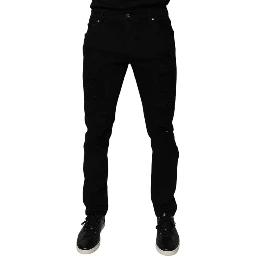 Black Tattered Cotton Skinny Men Denim Jeans