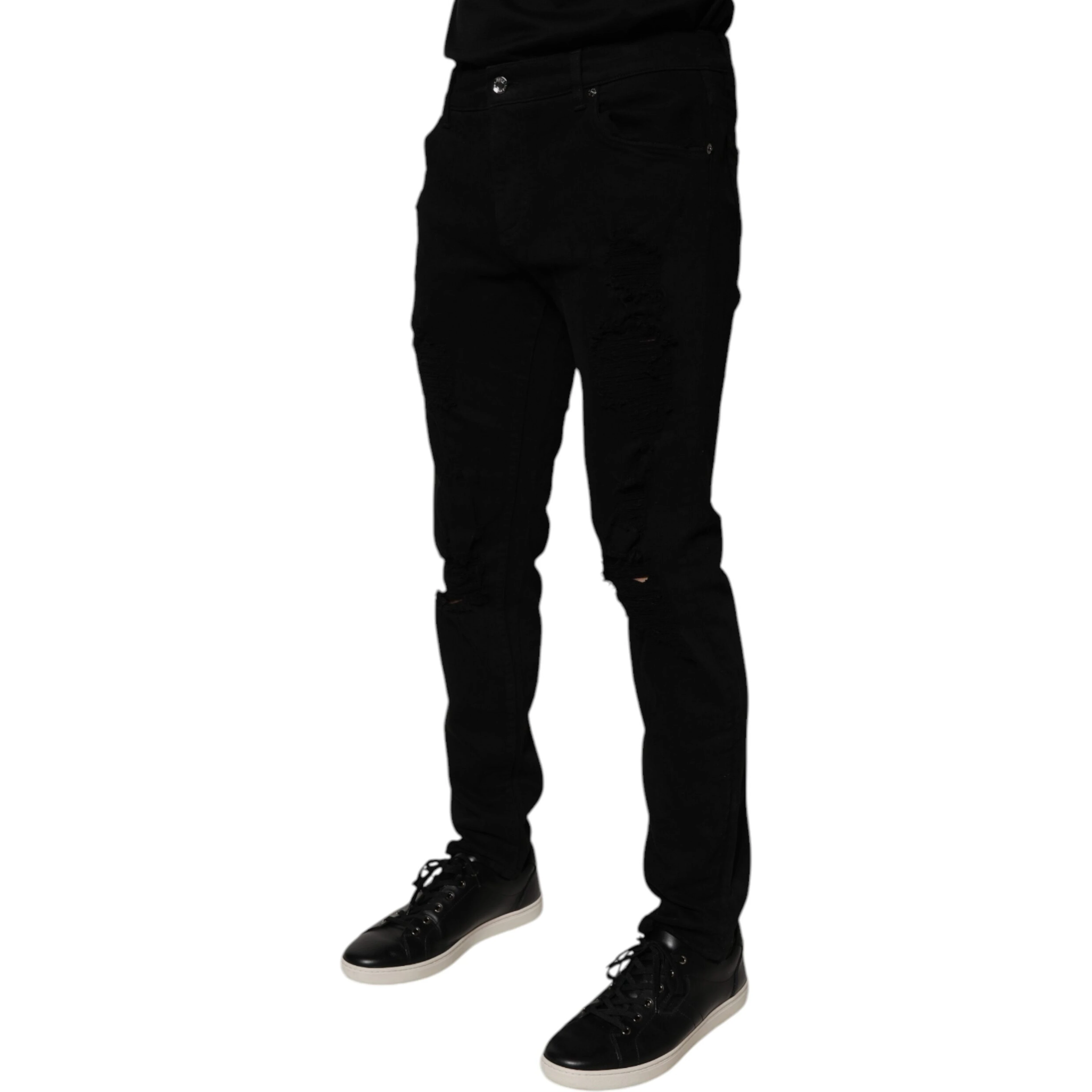 Black Tattered Cotton Skinny Men Denim Jeans