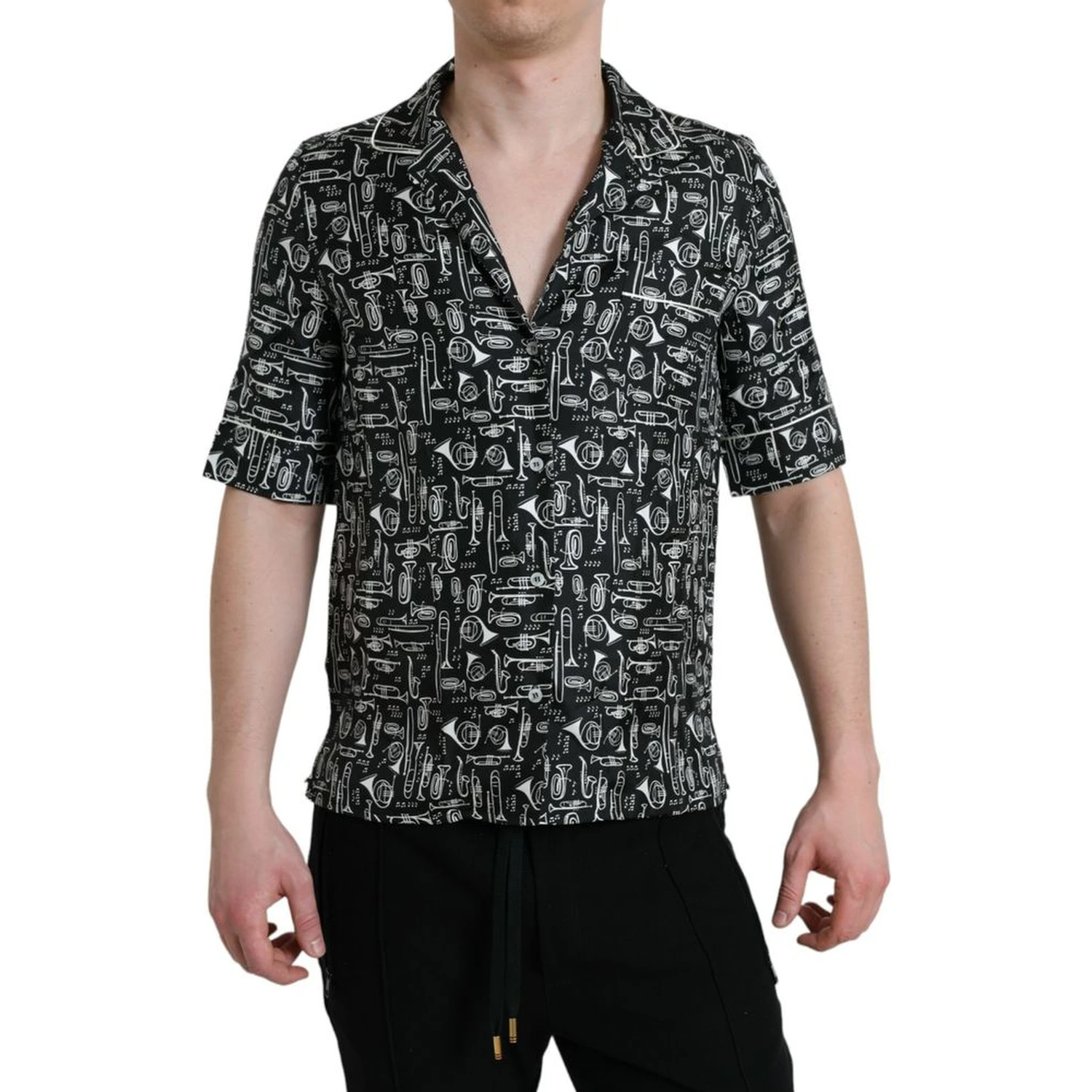 Black Musical Instrument Print Silk Top.