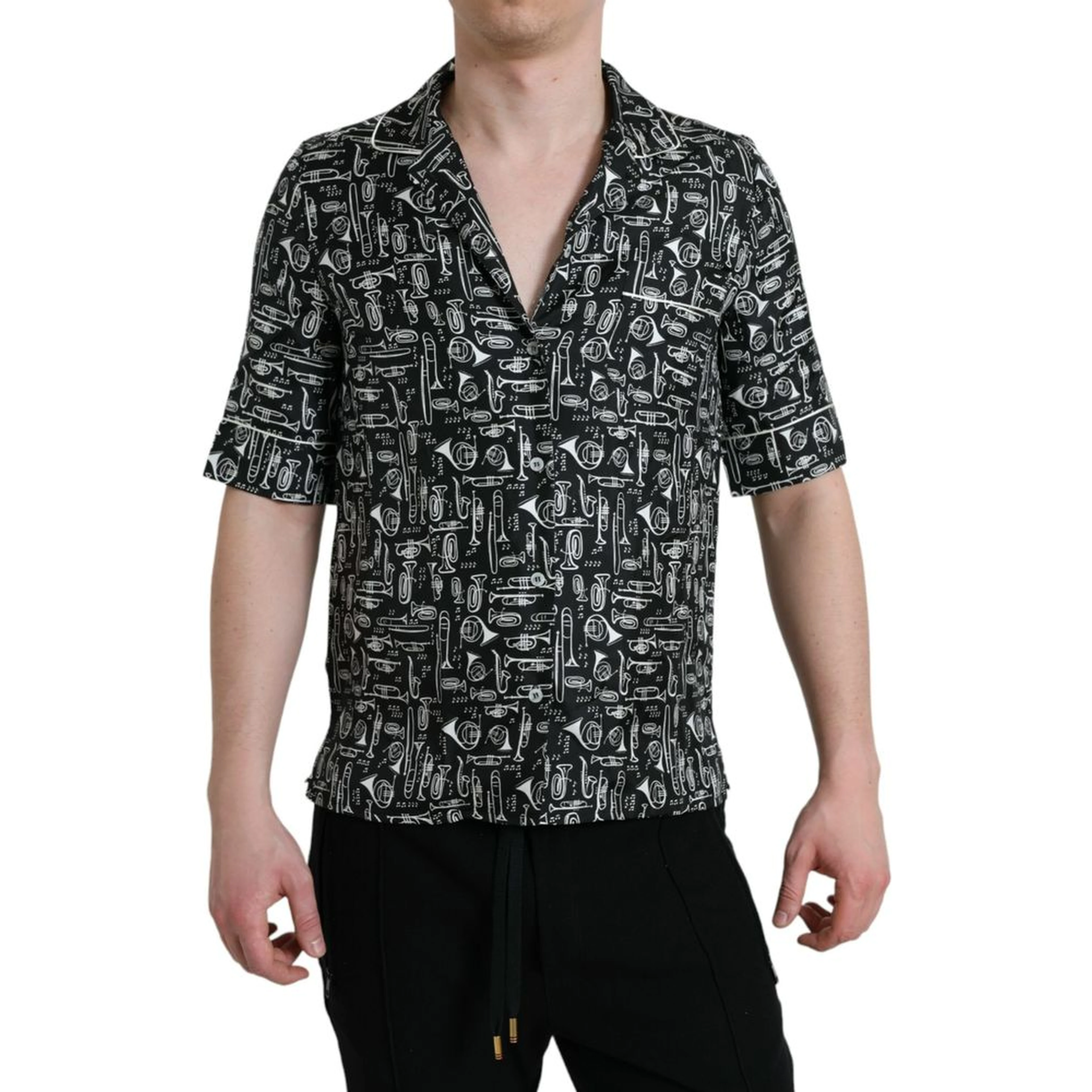 Black Musical Instrument Print Silk Top.