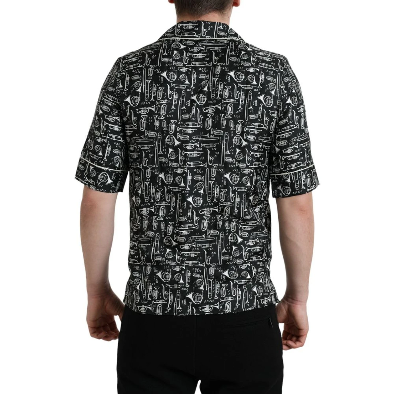 Black Musical Instrument Print Silk Top.