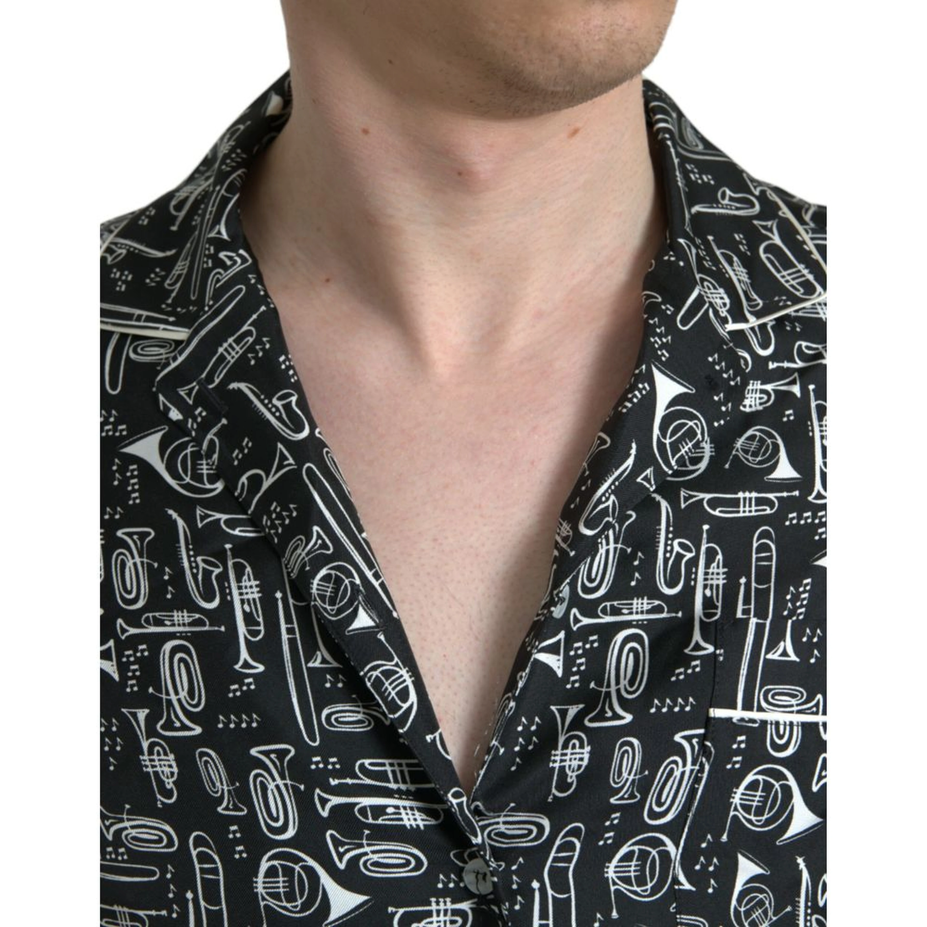 Black Musical Instrument Print Silk Top.