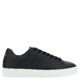 Leather Sneakers With La Greca Detail In Black