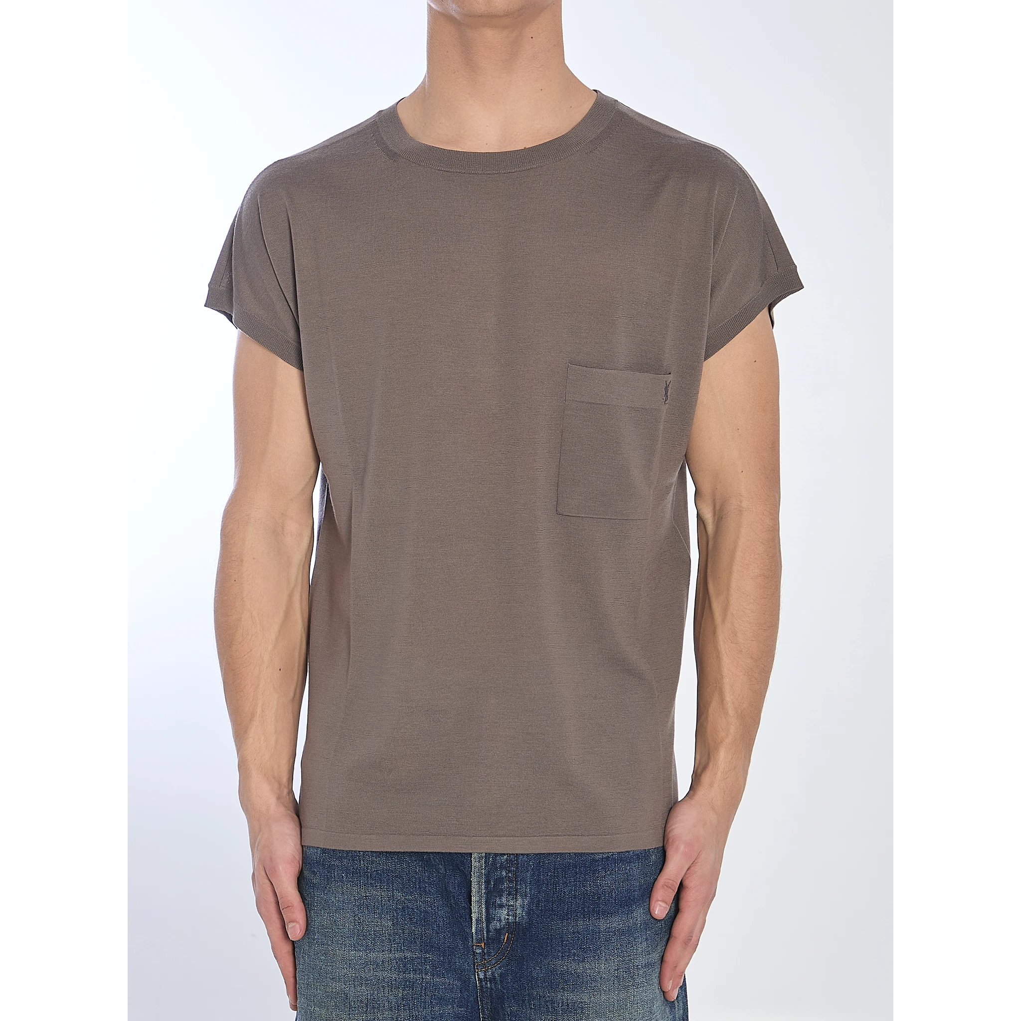 Crewneck T-shirt With Embroidered Chest Pocket In Brown