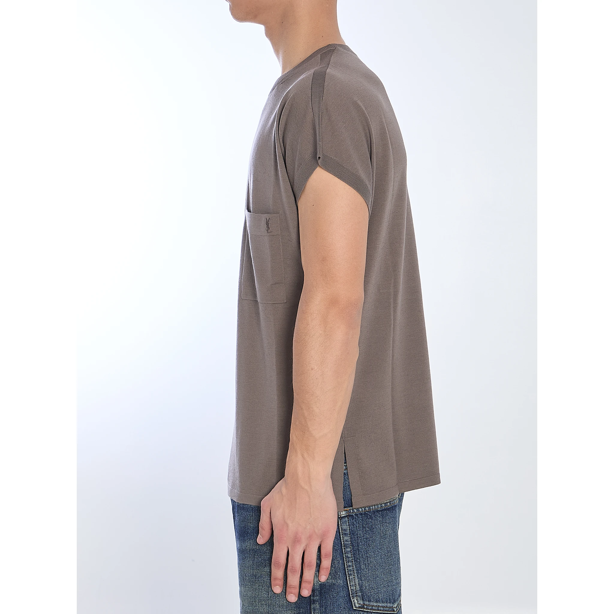 Crewneck T-shirt With Embroidered Chest Pocket In Brown