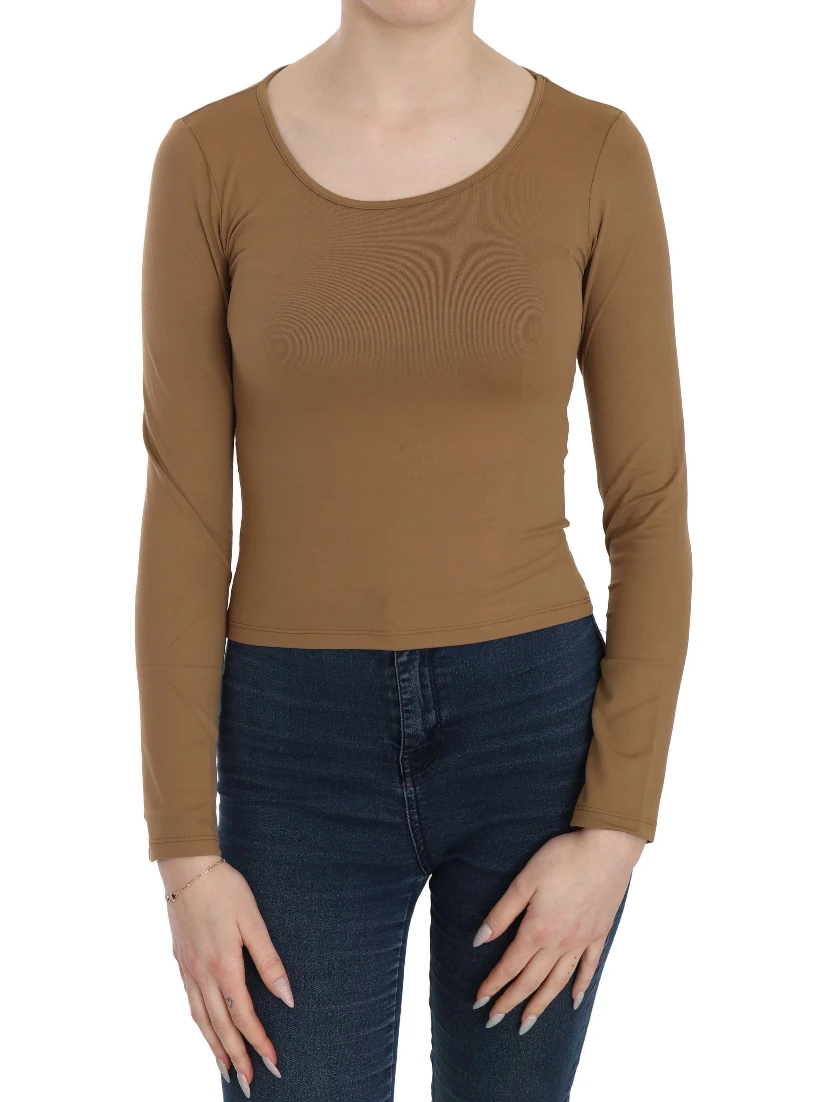 Brown Long Round Neck Sleeve Fitted Shirt Tops Blouse
