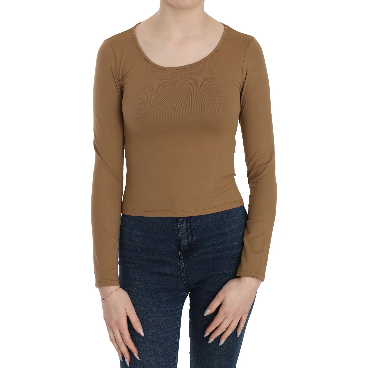 Brown Long Round Neck Sleeve Fitted Shirt Tops Blouse