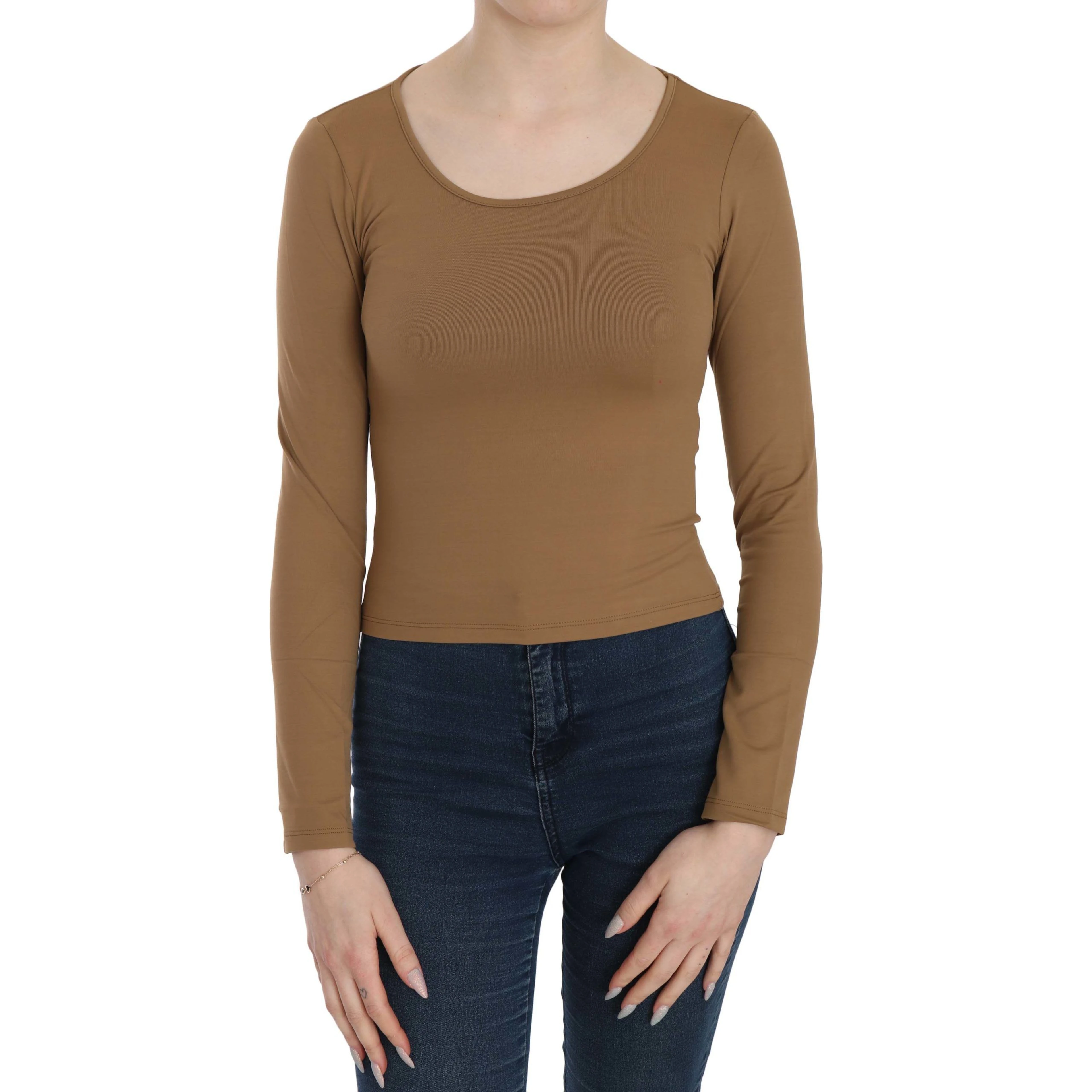 Brown Long Round Neck Sleeve Fitted Shirt Tops Blouse