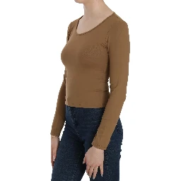 Brown Long Round Neck Sleeve Fitted Shirt Tops Blouse