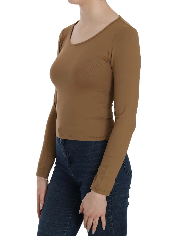 Brown Long Round Neck Sleeve Fitted Shirt Tops Blouse alternative