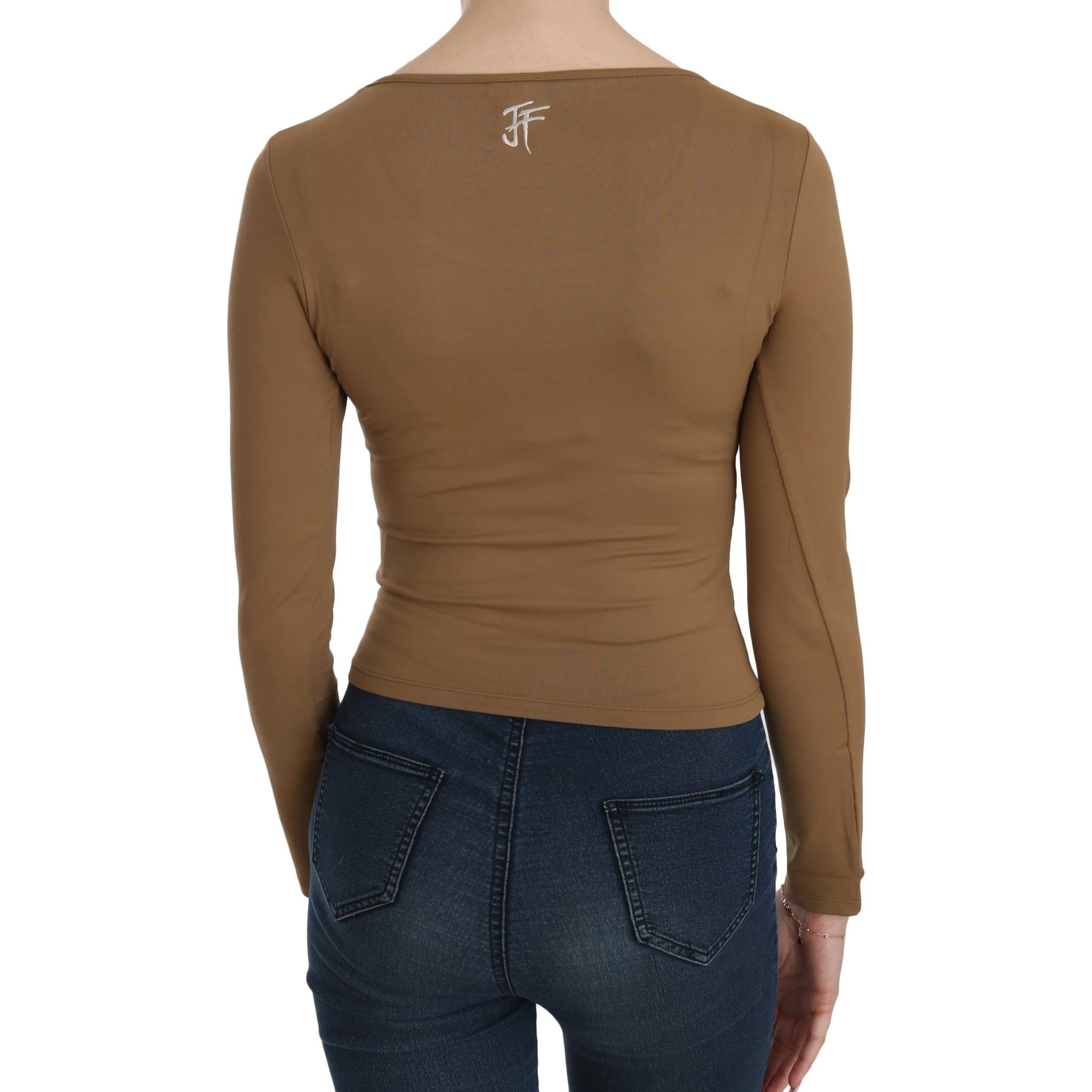 Brown Long Round Neck Sleeve Fitted Shirt Tops Blouse