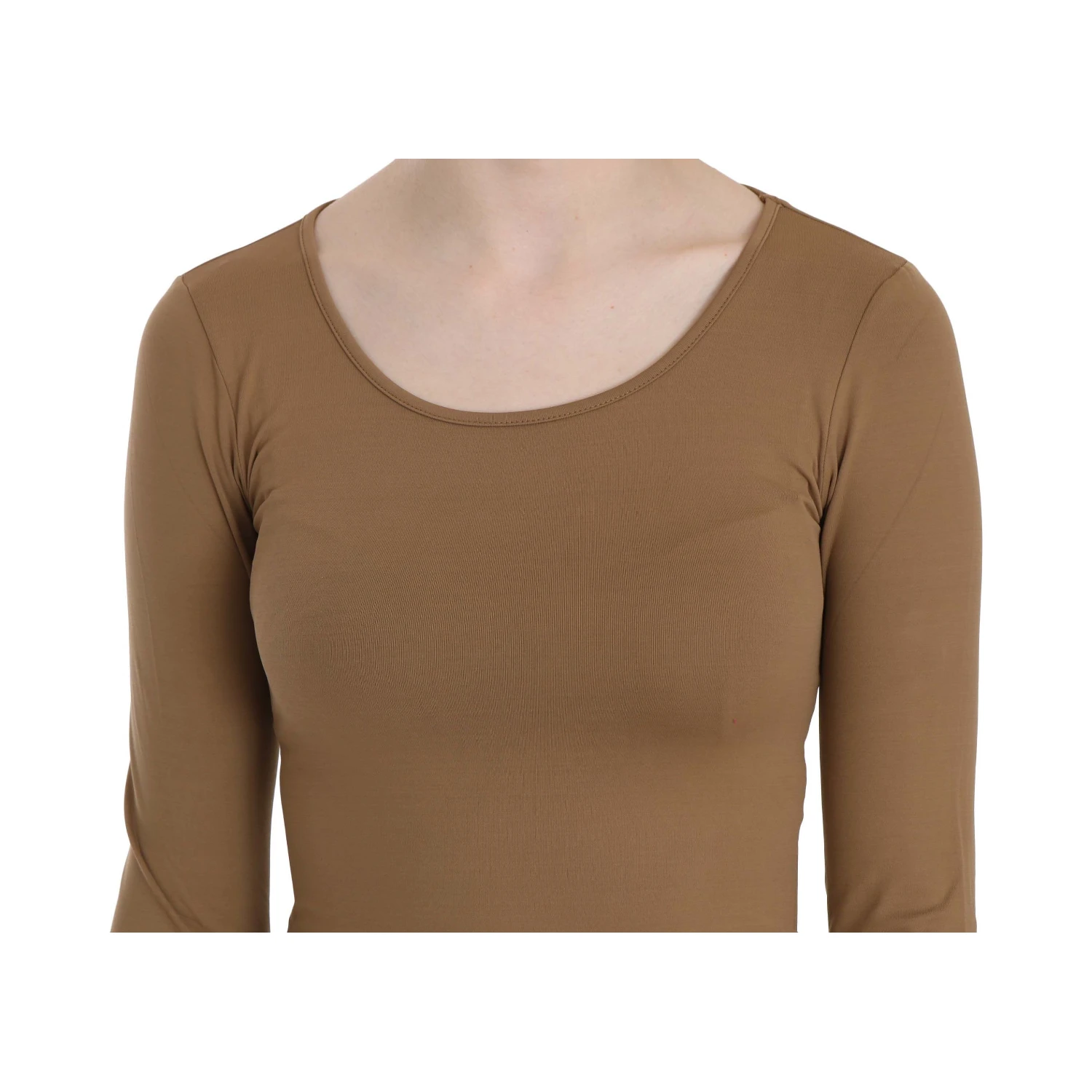 Brown Long Round Neck Sleeve Fitted Shirt Tops Blouse