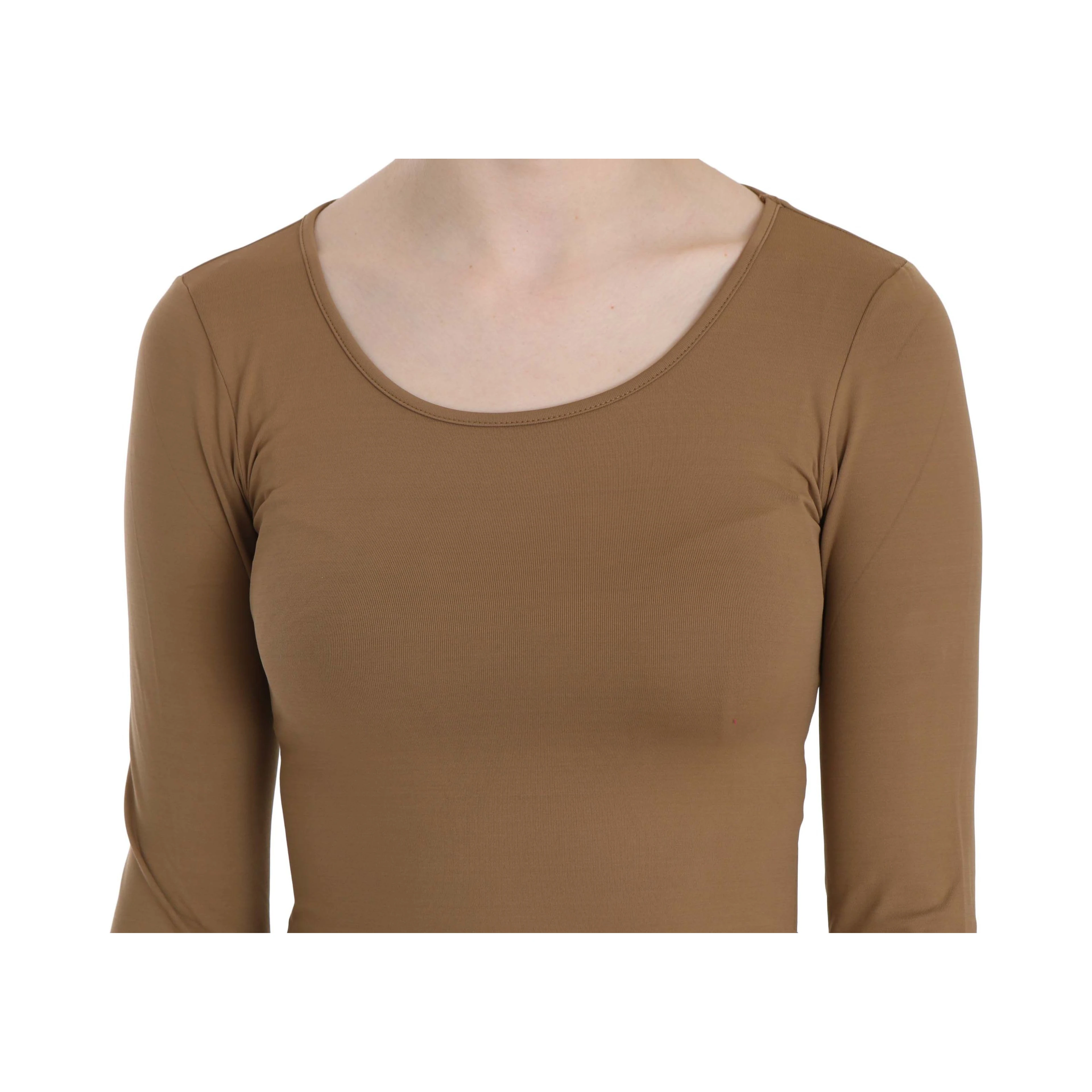 Brown Long Round Neck Sleeve Fitted Shirt Tops Blouse