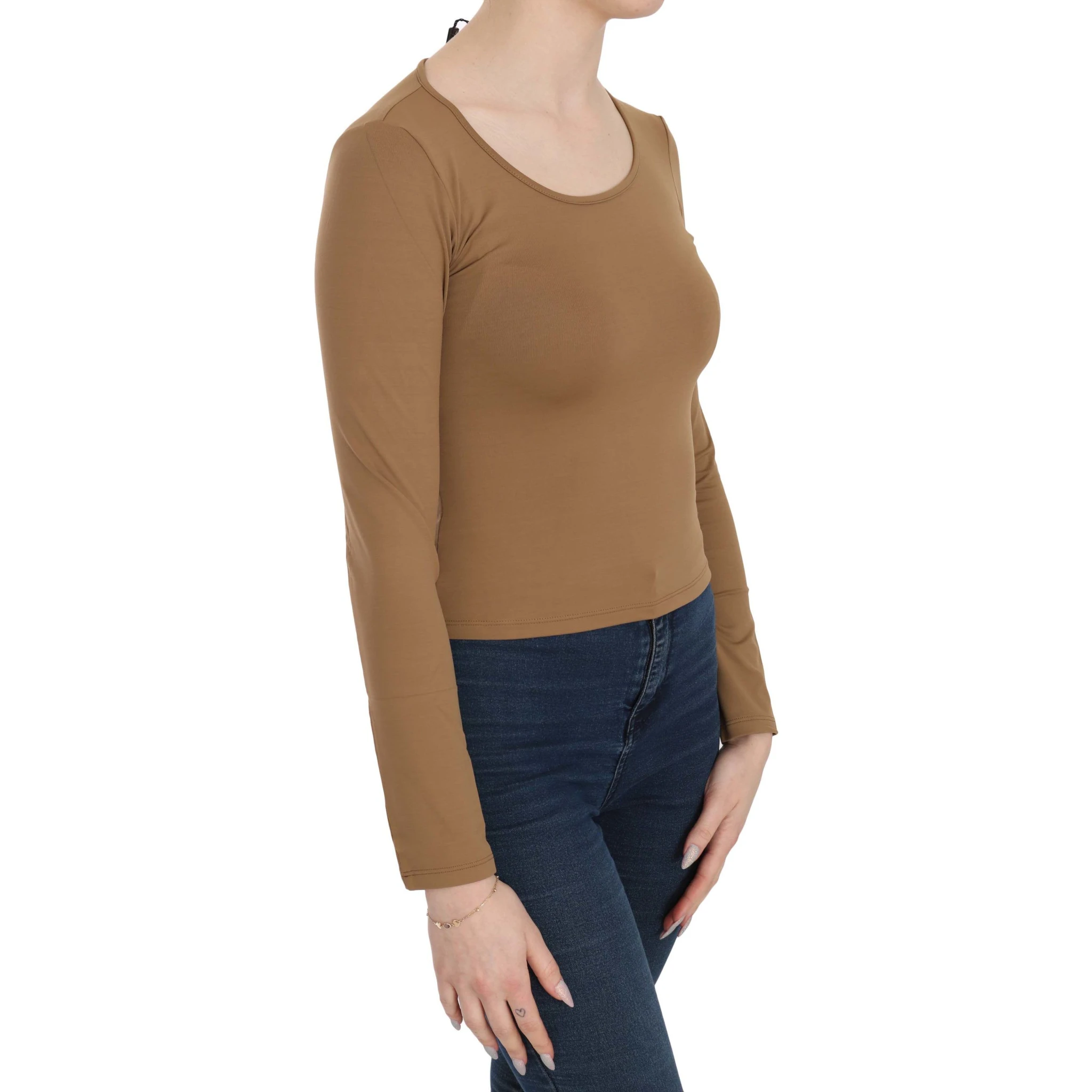 Brown Long Round Neck Sleeve Fitted Shirt Tops Blouse