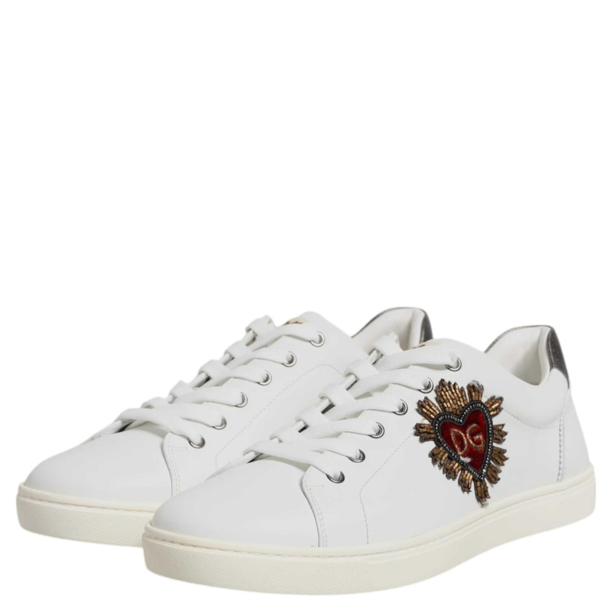 White Leather Heart Embellished Sneakers Shoes