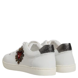 White Leather Heart Embellished Sneakers Shoes