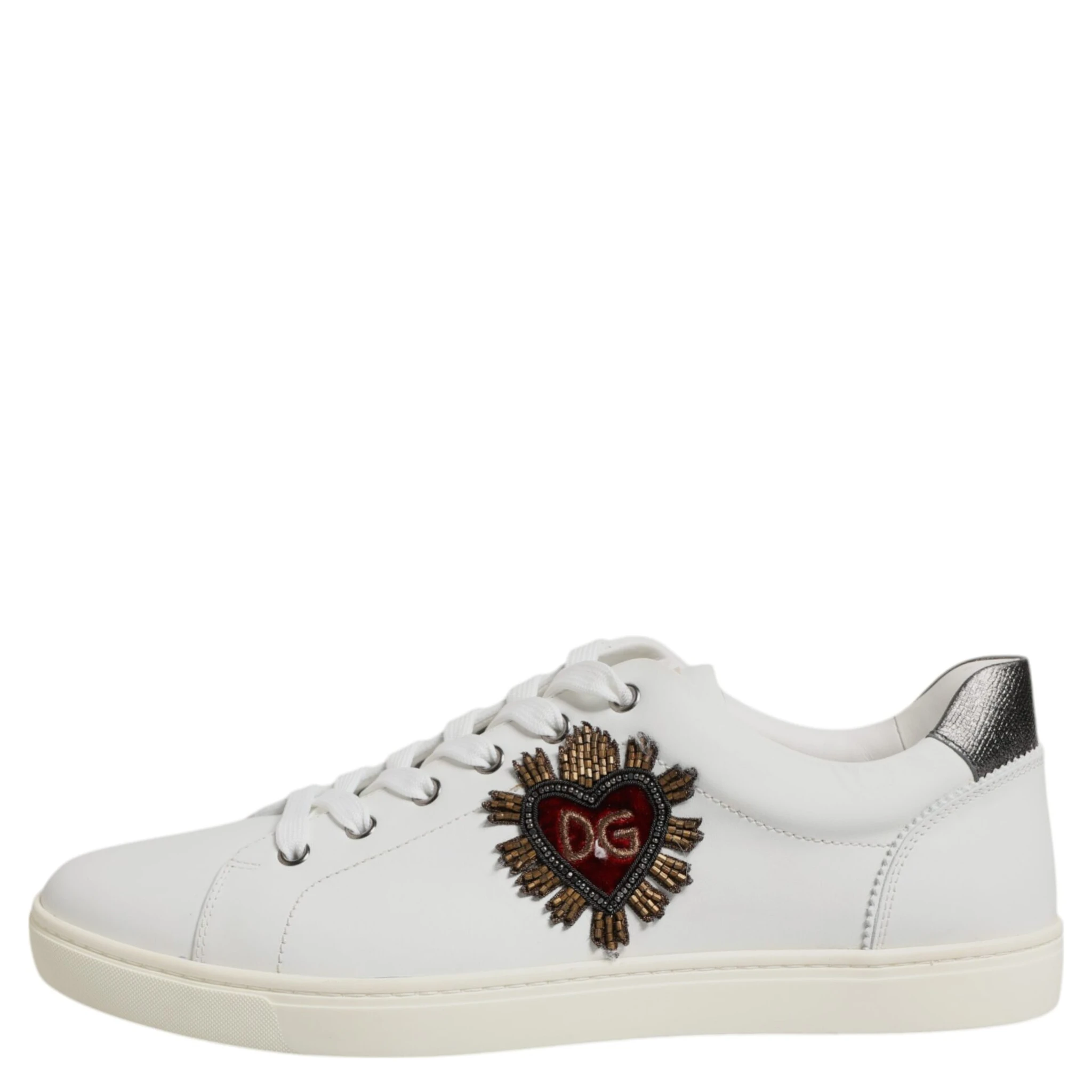 White Leather Heart Embellished Sneakers Shoes
