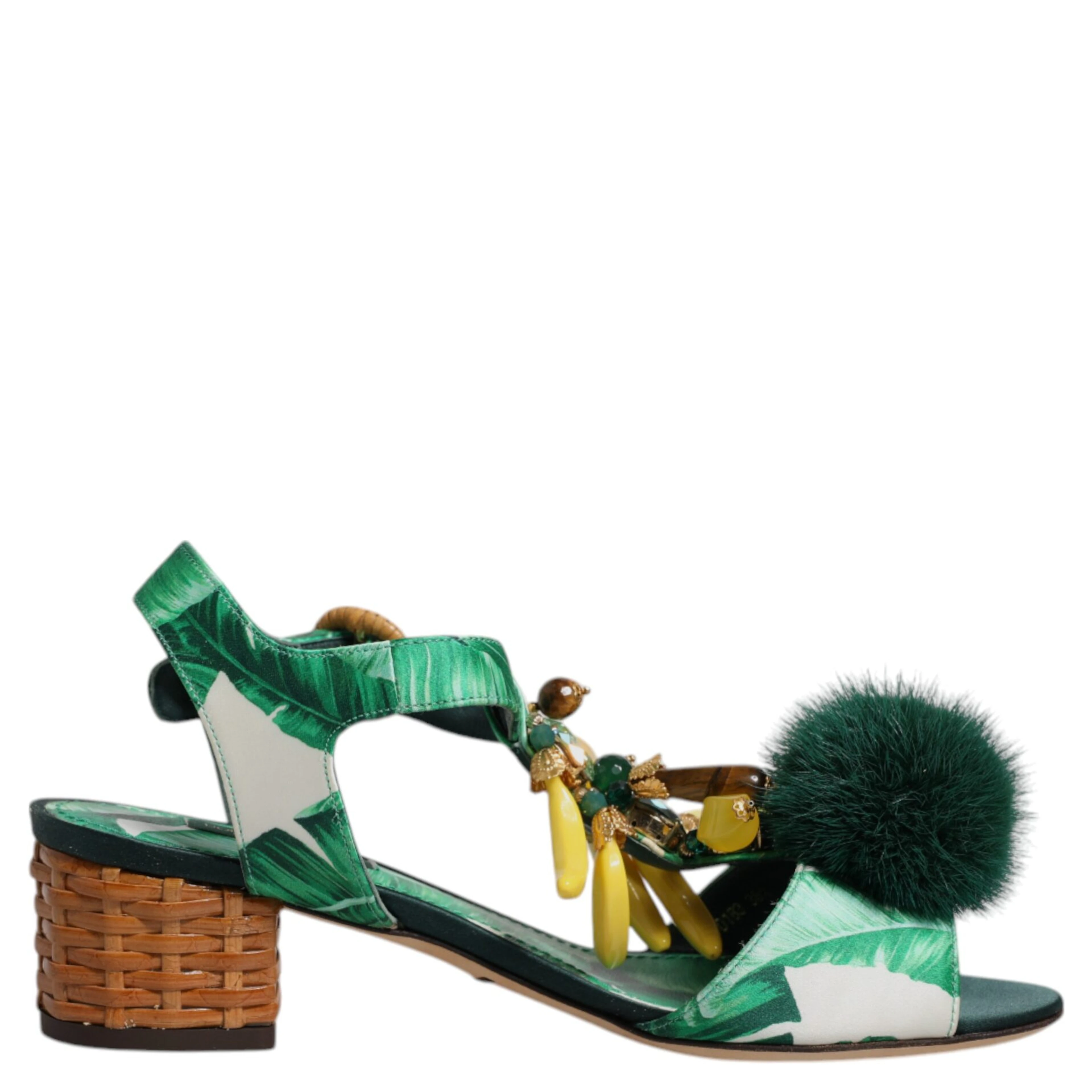 Green Crystal Fur Embellished Sandals Shoes
