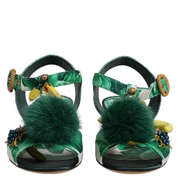 Green Crystal Fur Embellished Sandals Shoes