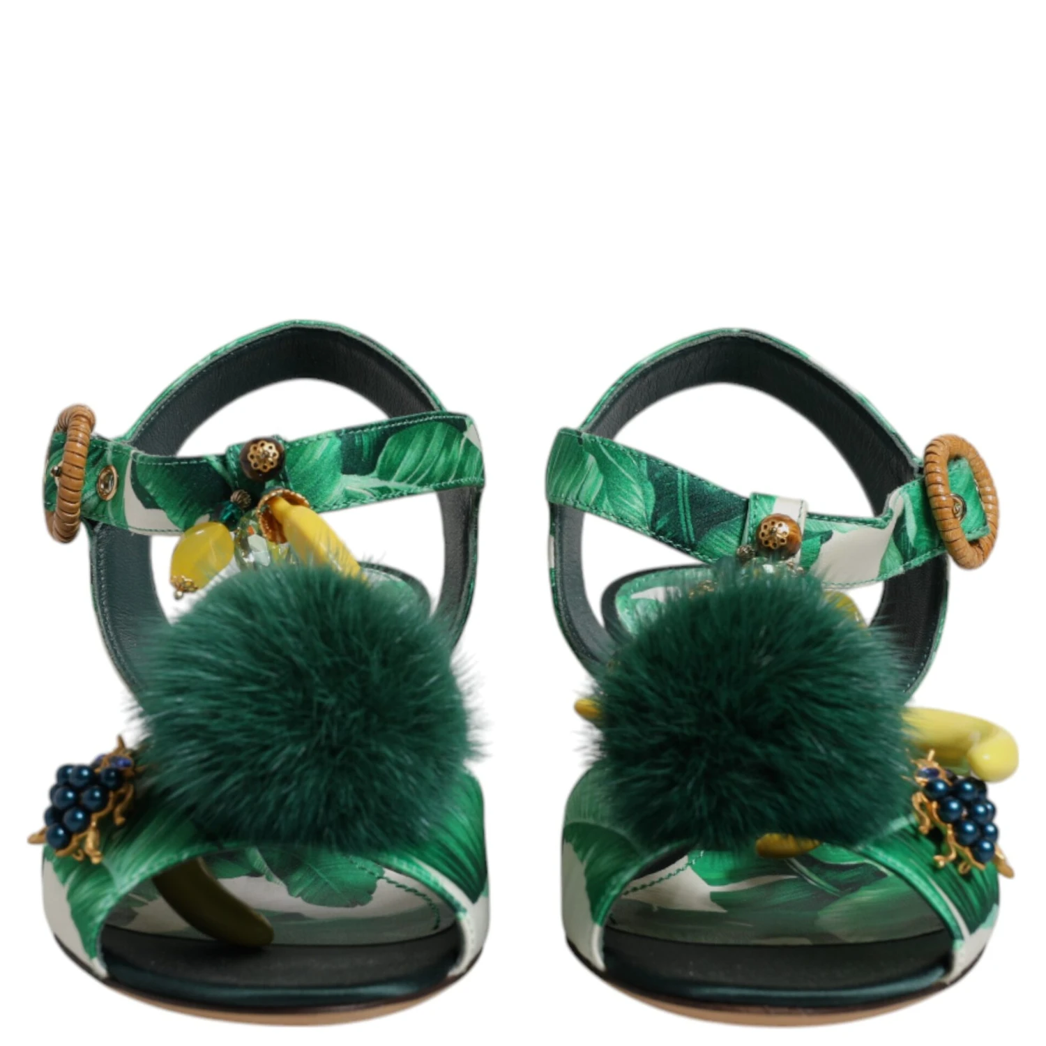 Green Crystal Fur Embellished Sandals Shoes