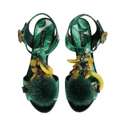 Green Crystal Fur Embellished Sandals Shoes