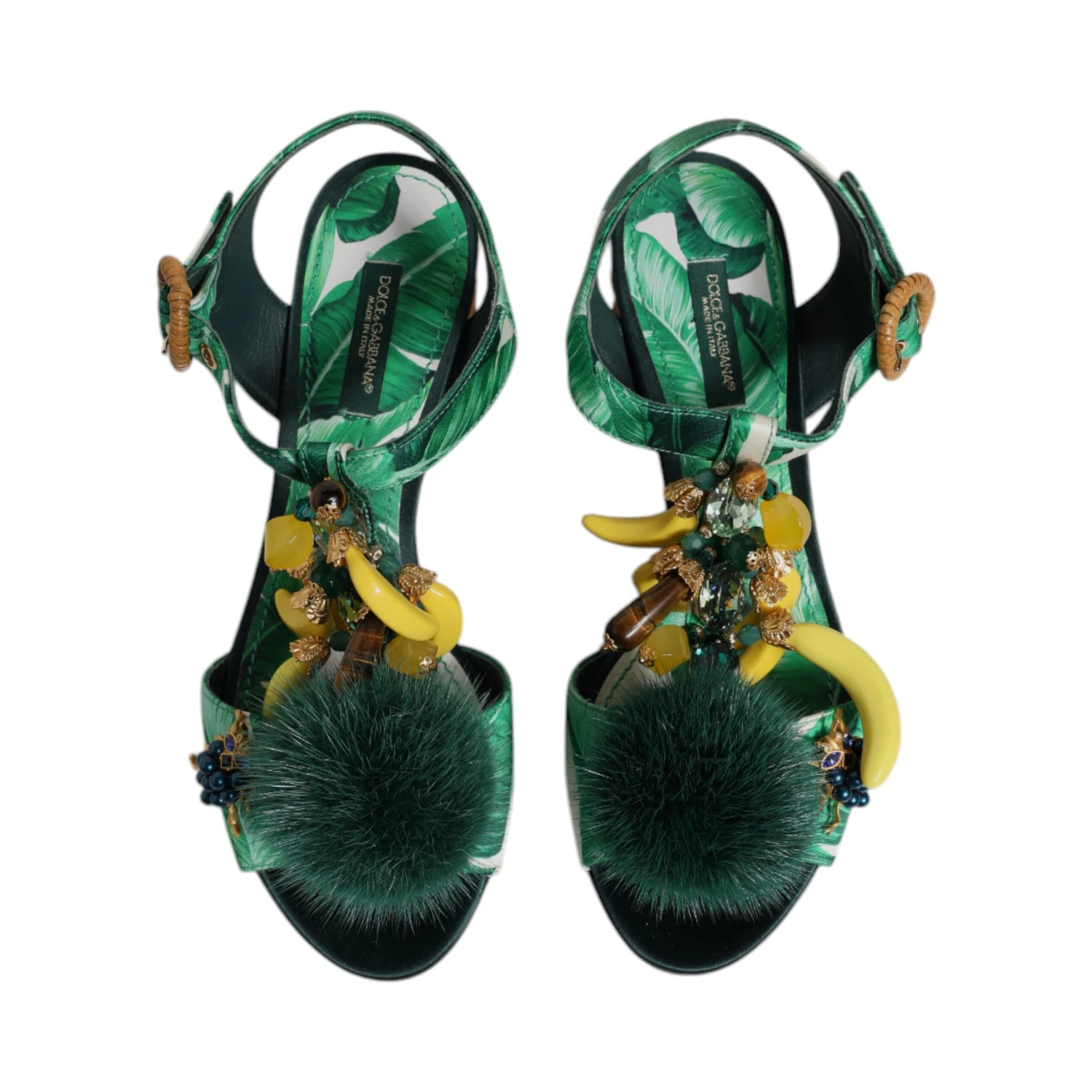 Green Crystal Fur Embellished Sandals Shoes