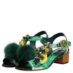 Green Crystal Fur Embellished Sandals Shoes