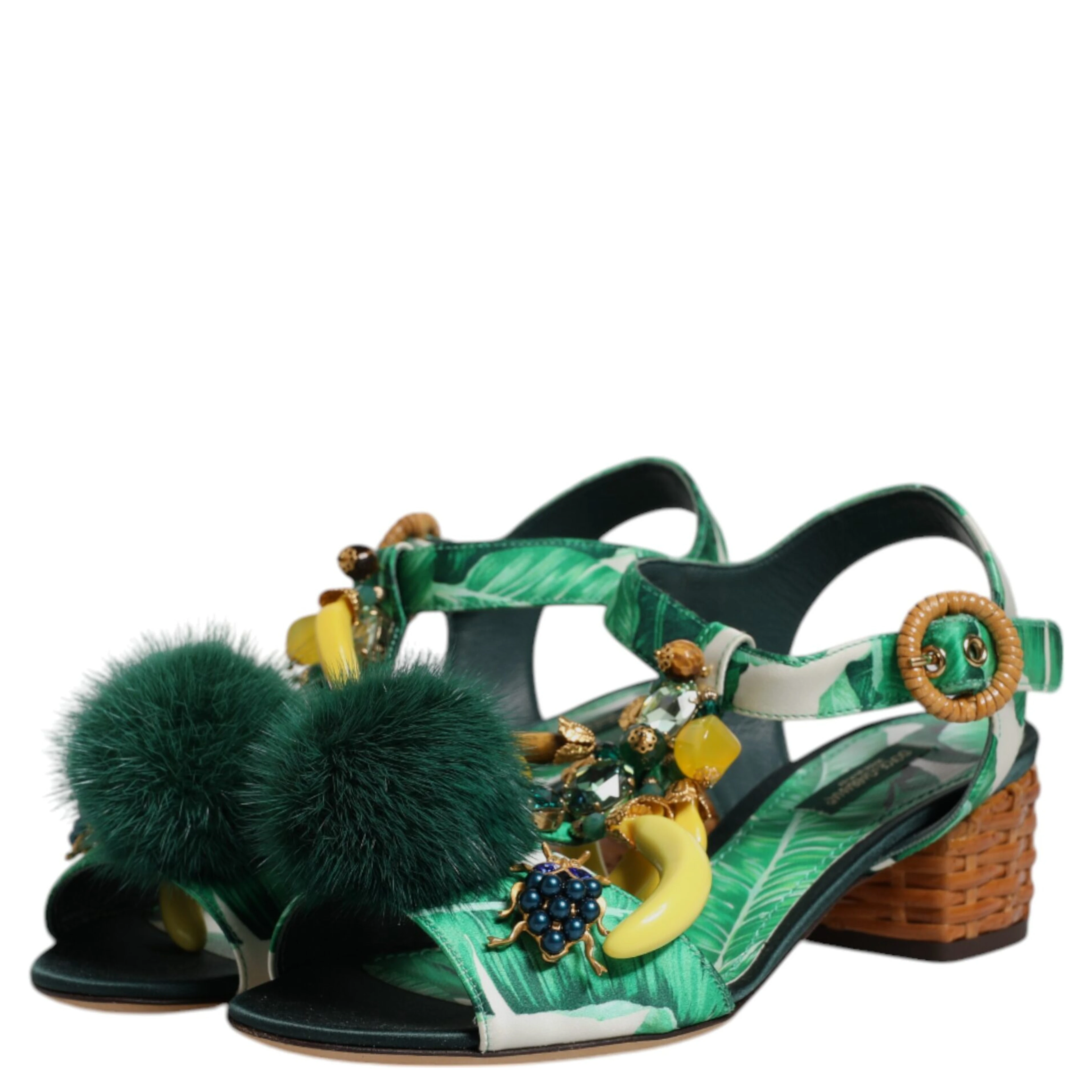 Green Crystal Fur Embellished Sandals Shoes
