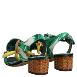 Green Crystal Fur Embellished Sandals Shoes