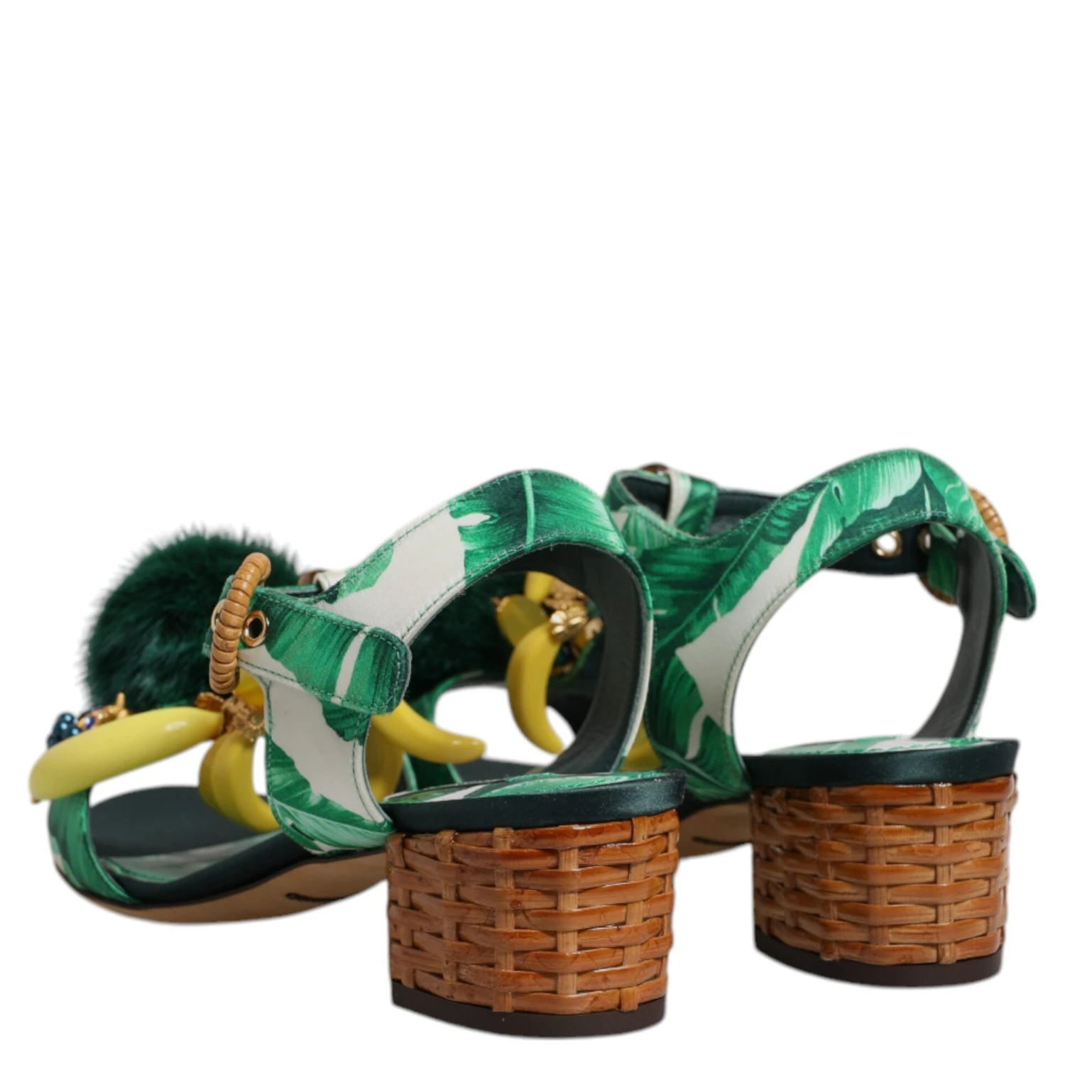 Green Crystal Fur Embellished Sandals Shoes