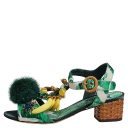 Green Crystal Fur Embellished Sandals Shoes