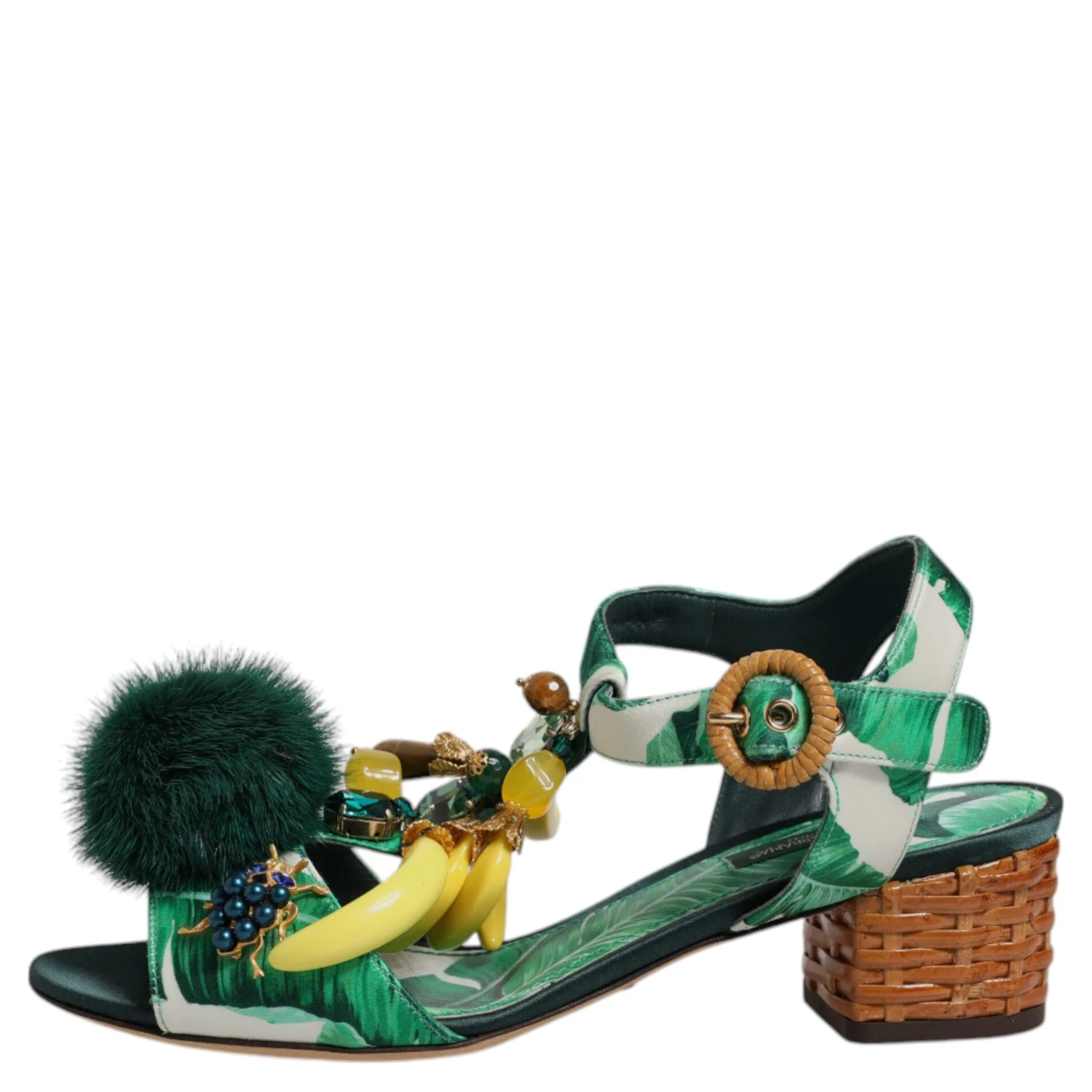 Green Crystal Fur Embellished Sandals Shoes
