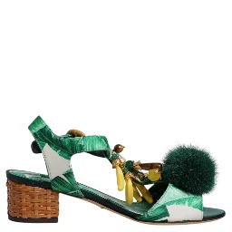 Green Crystal Fur Embellished Sandals Shoes