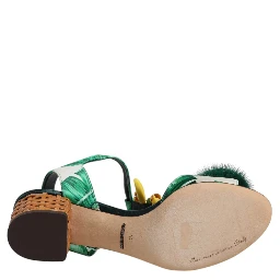 Green Crystal Fur Embellished Sandals Shoes