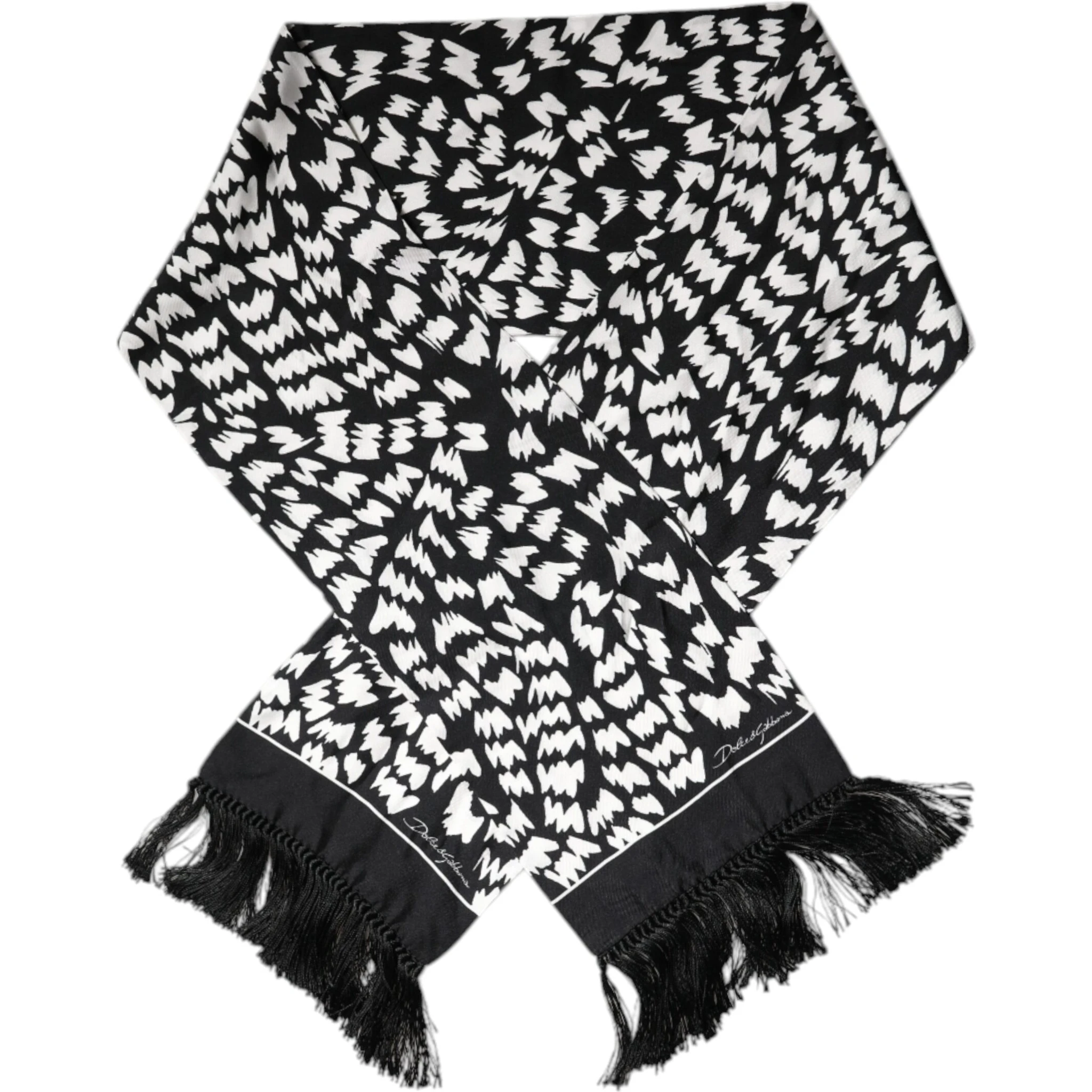 Black White Patterned Fringes Shawl Scarf