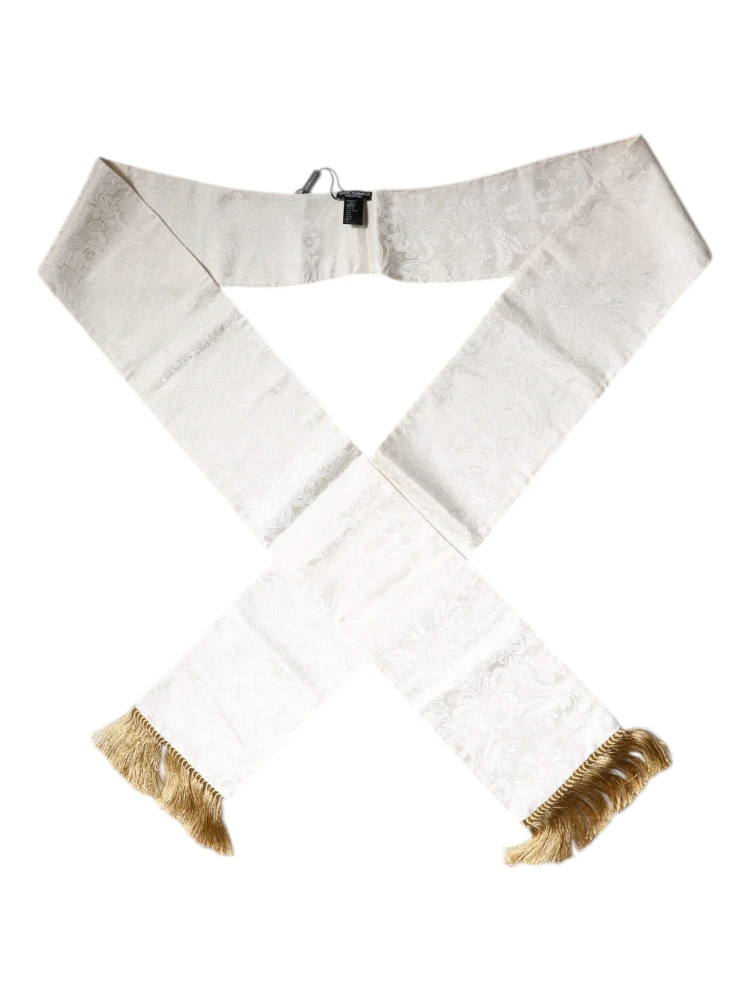 White Floral Jacquard Skinny Fringes Scarf