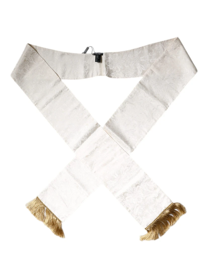 White Floral Jacquard Skinny Fringes Scarf