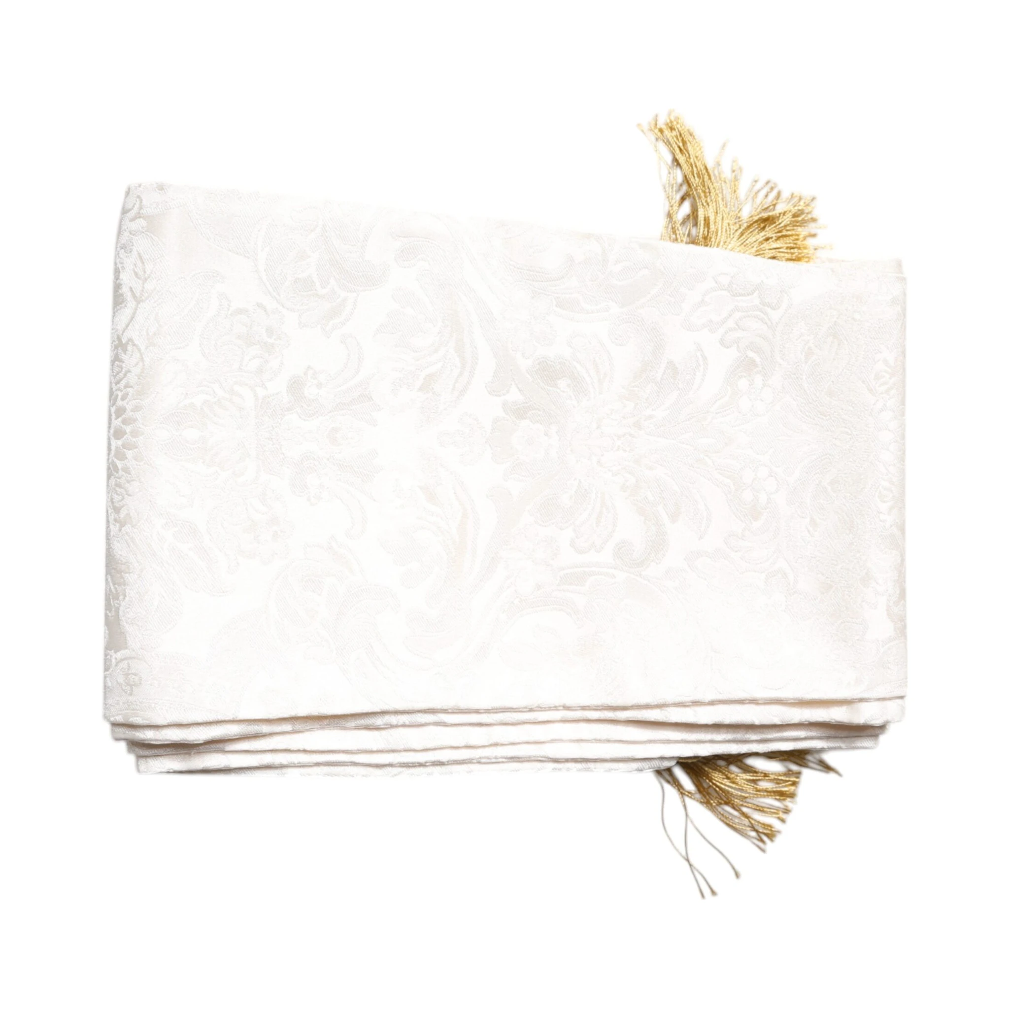 White Floral Jacquard Skinny Fringes Scarf