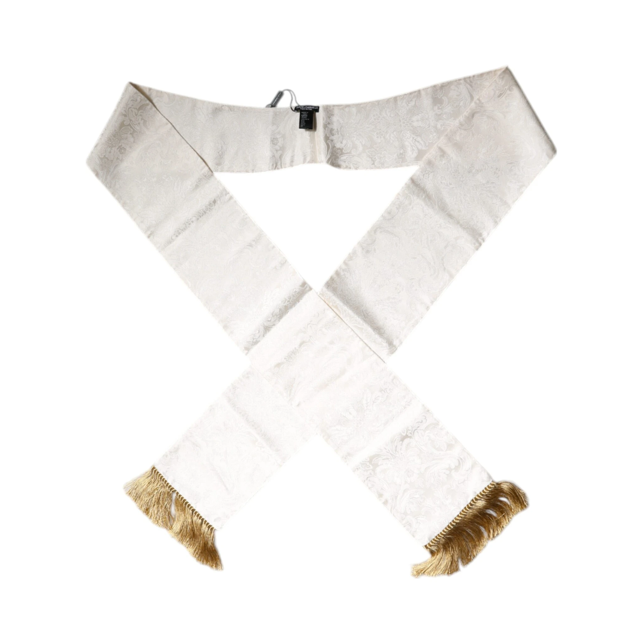White Floral Jacquard Skinny Fringes Scarf