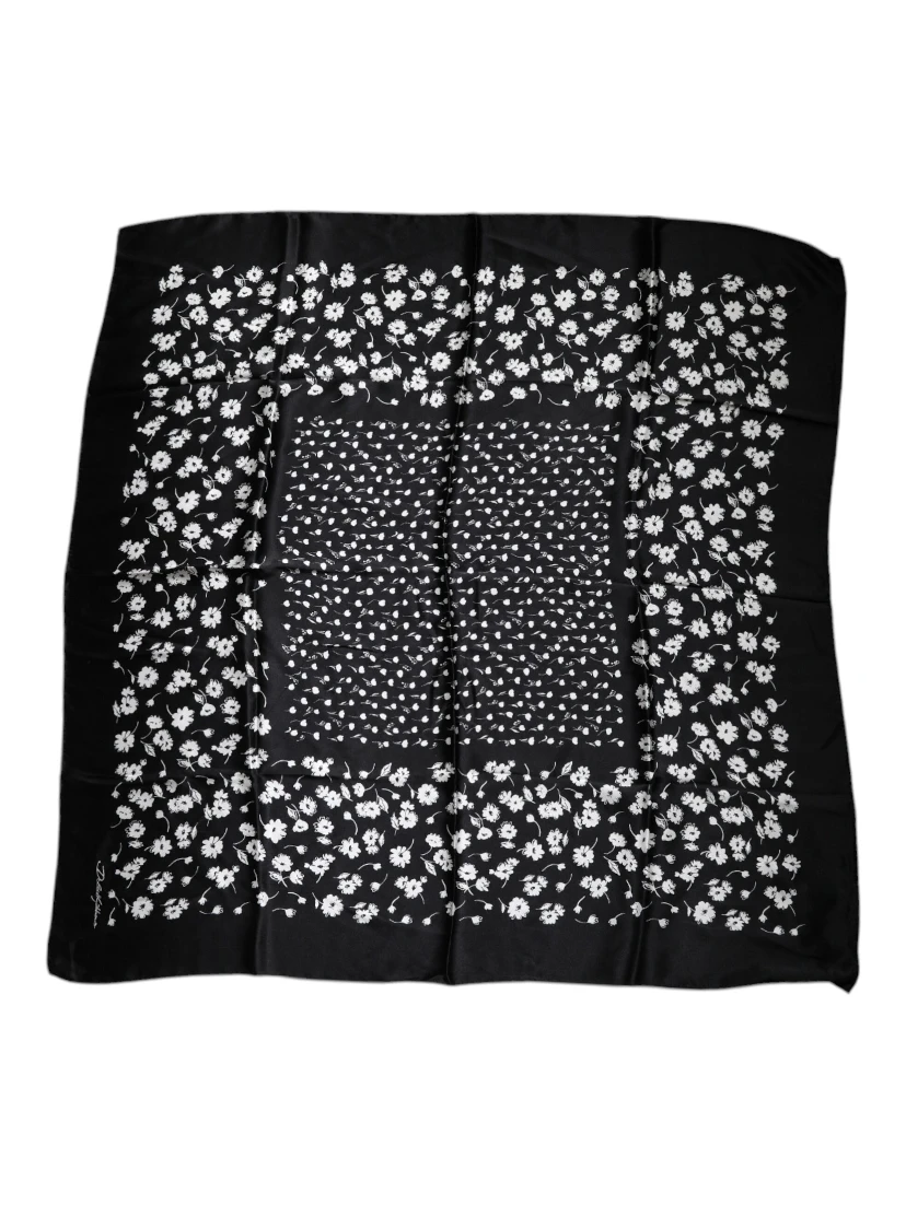 Black Floral Silk Square Wrap Shawl Scarf