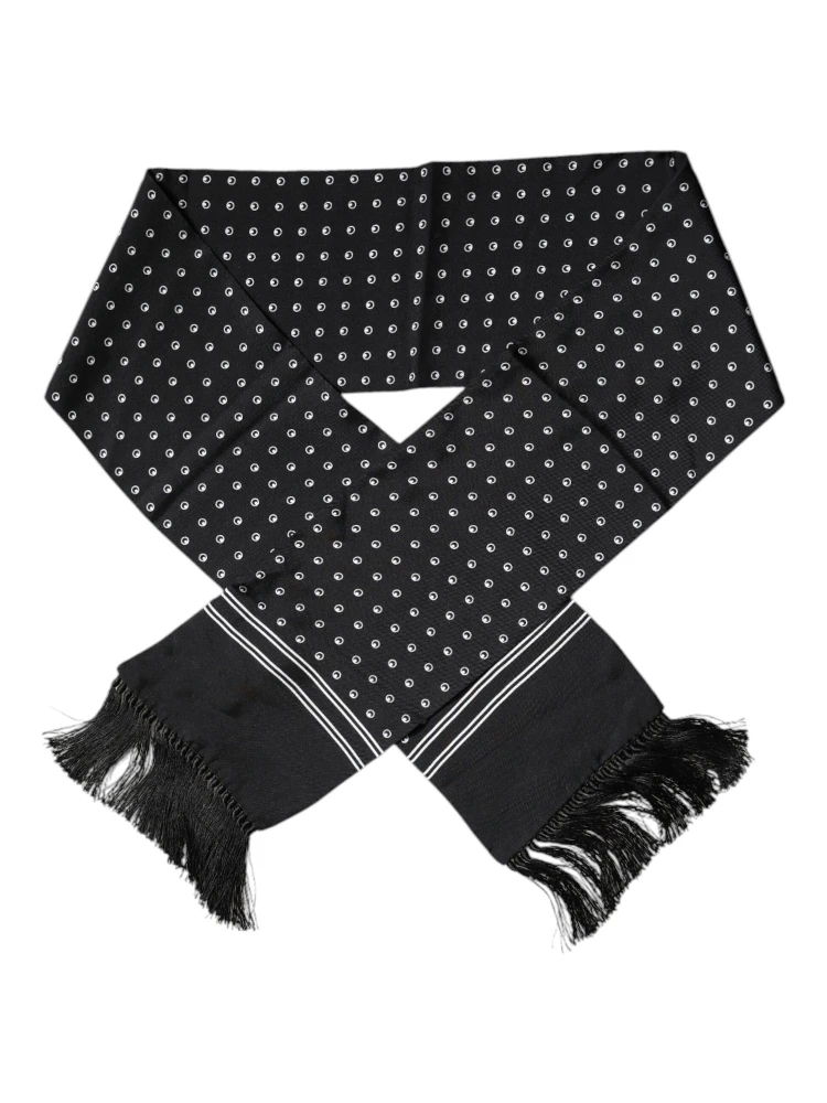 Black White Polka Dotted Silk Skinny Fringes Scarf