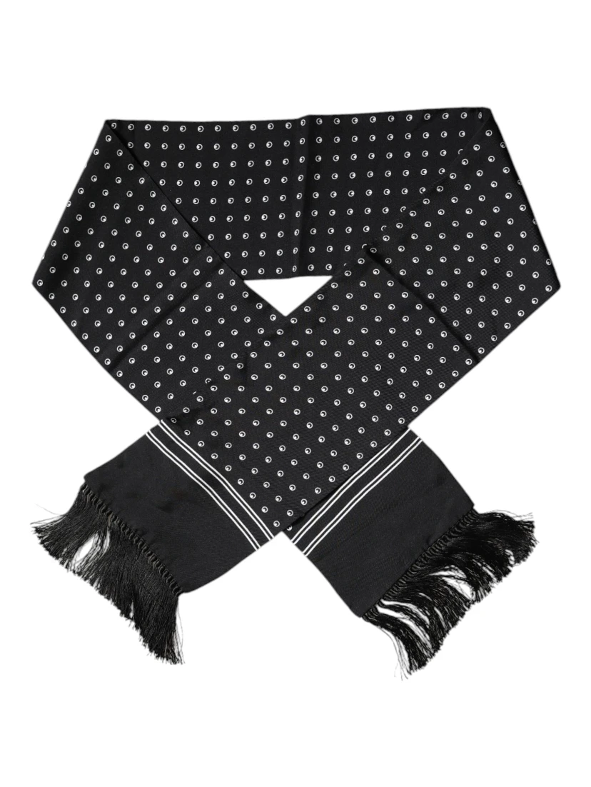 Black White Polka Dotted Silk Skinny Fringes Scarf