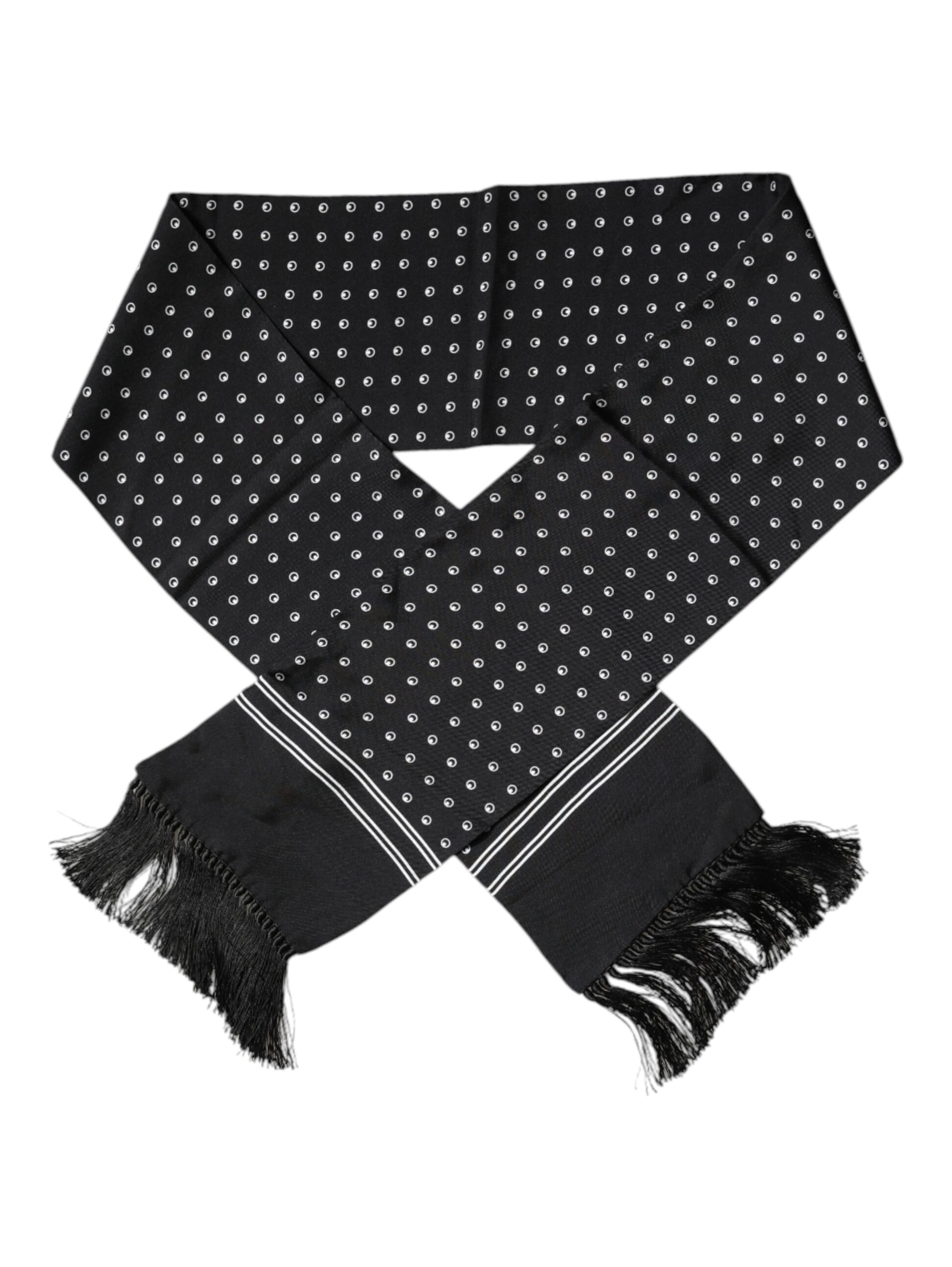 Black White Polka Dotted Silk Skinny Fringes Scarf
