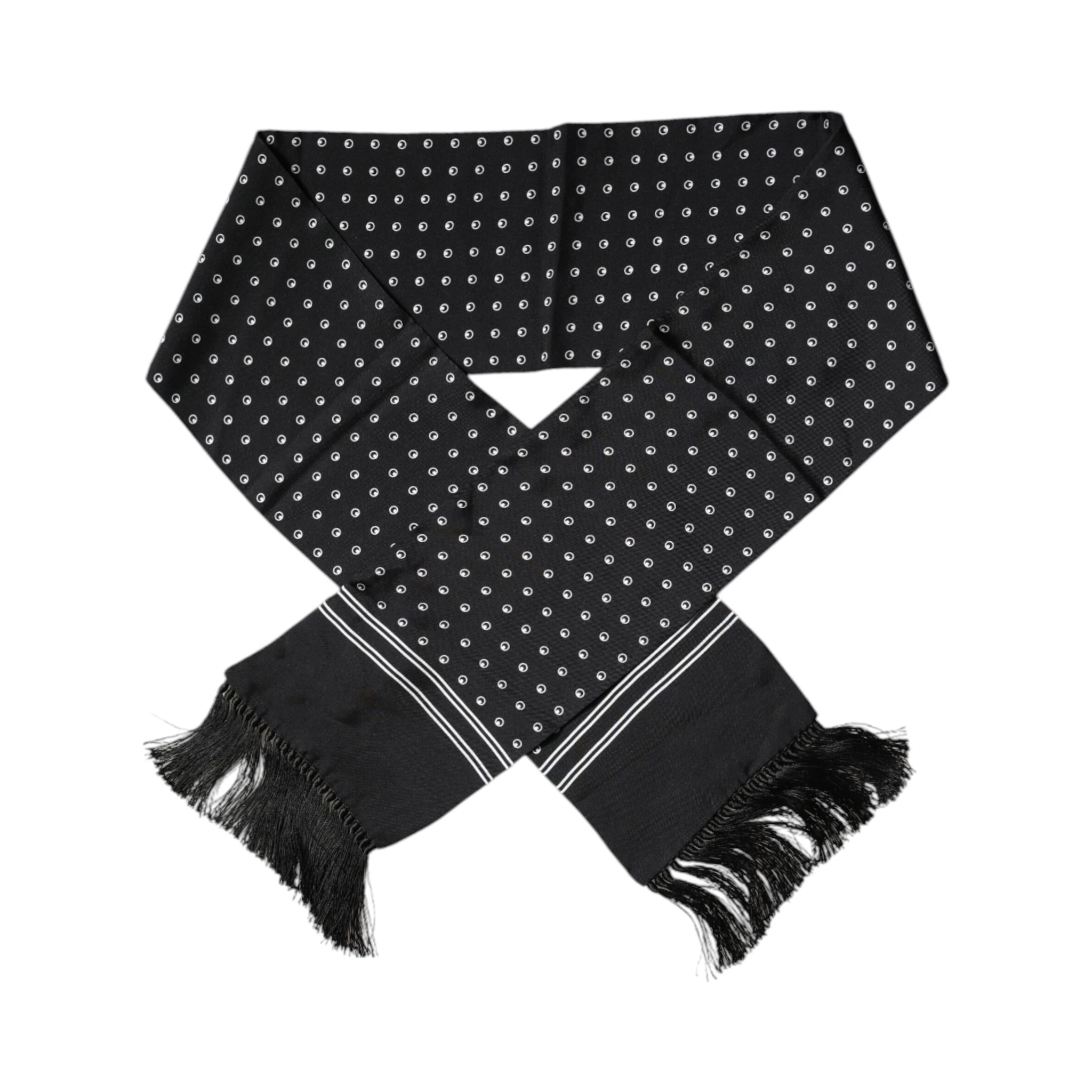 Black White Polka Dotted Silk Skinny Fringes Scarf