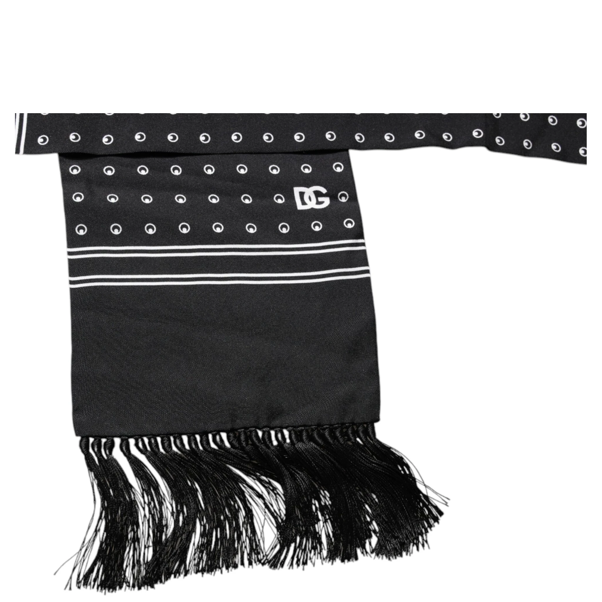 Black White Polka Dotted Silk Skinny Fringes Scarf