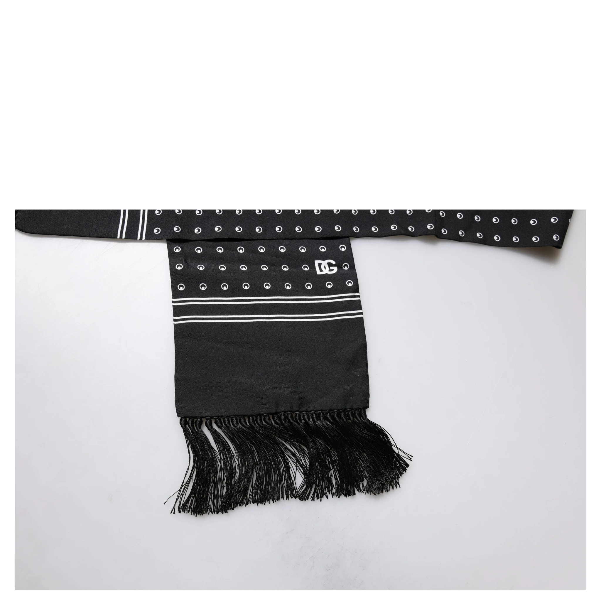 Black White Polka Dotted Silk Skinny Fringes Scarf