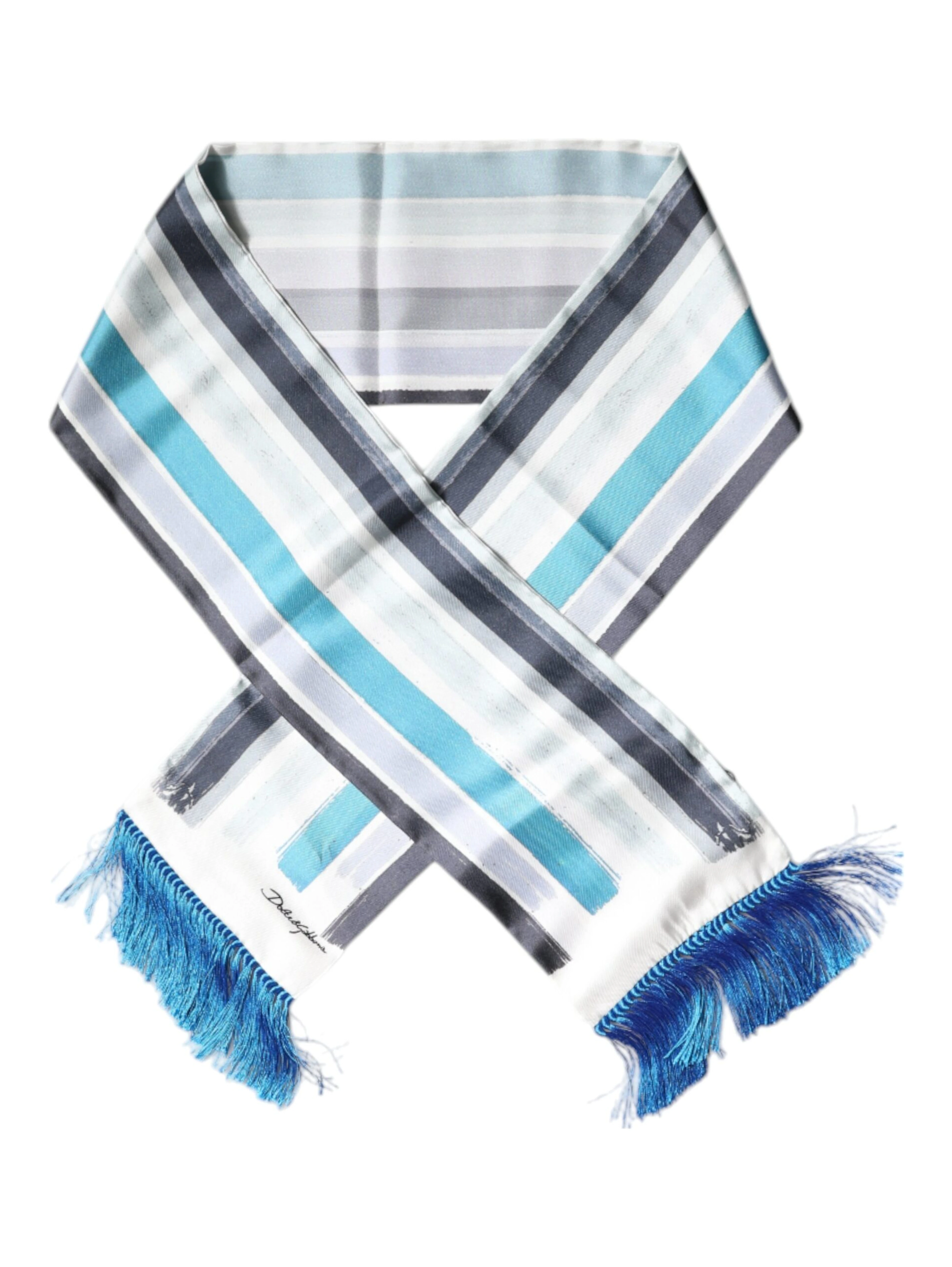 White Blue Stripes Silk Fringes Wrap Scarf
