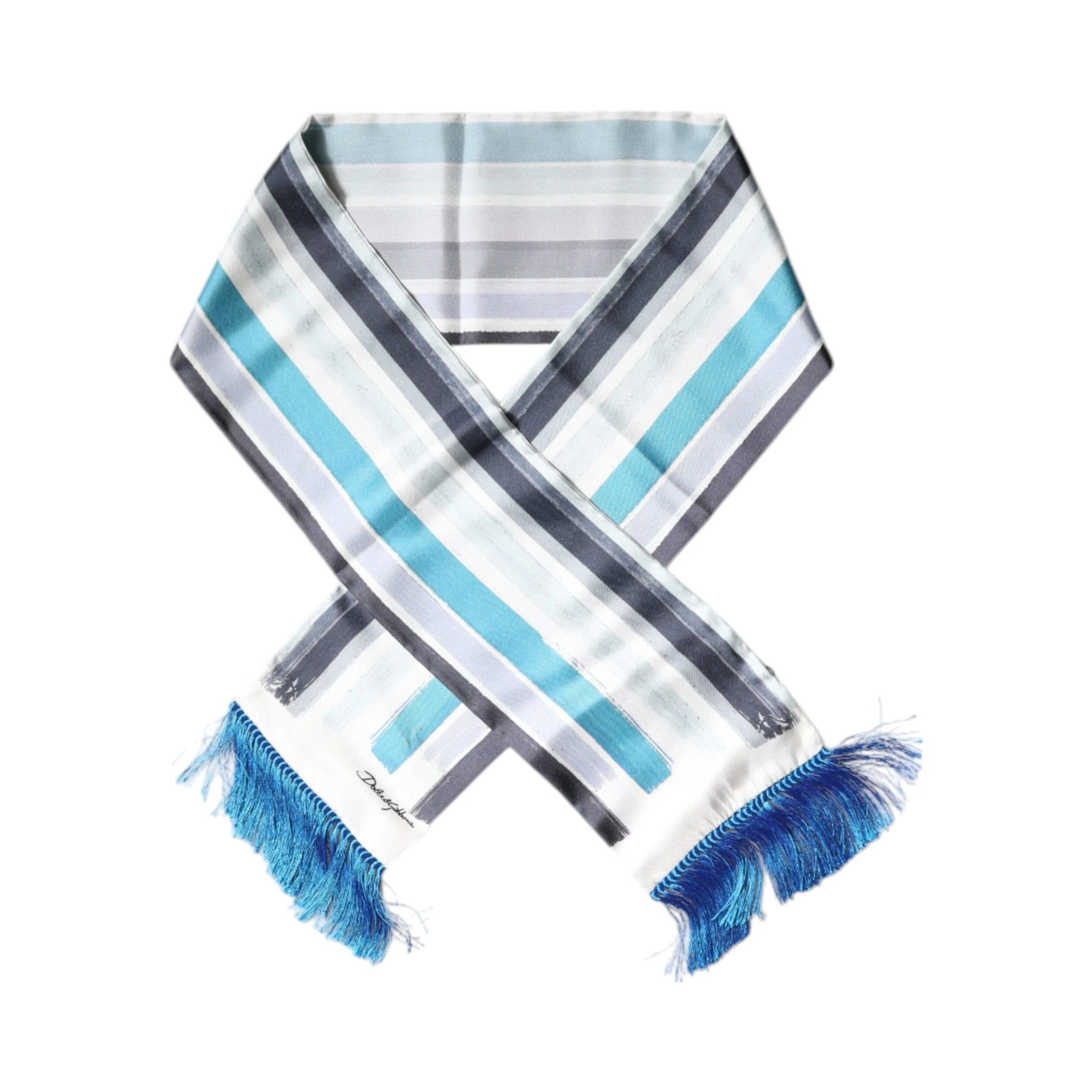White Blue Stripes Silk Fringes Wrap Scarf
