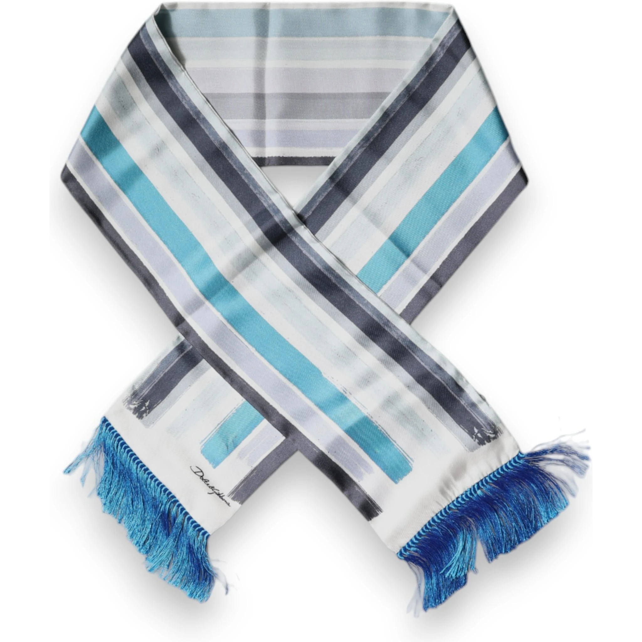 White Blue Stripes Silk Fringes Wrap Scarf