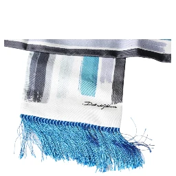 White Blue Stripes Silk Fringes Wrap Scarf